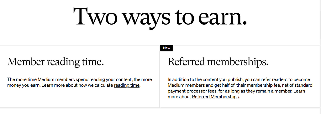 Two ways to earn on Medium. One: Member reading time. Two: Referred memberships.