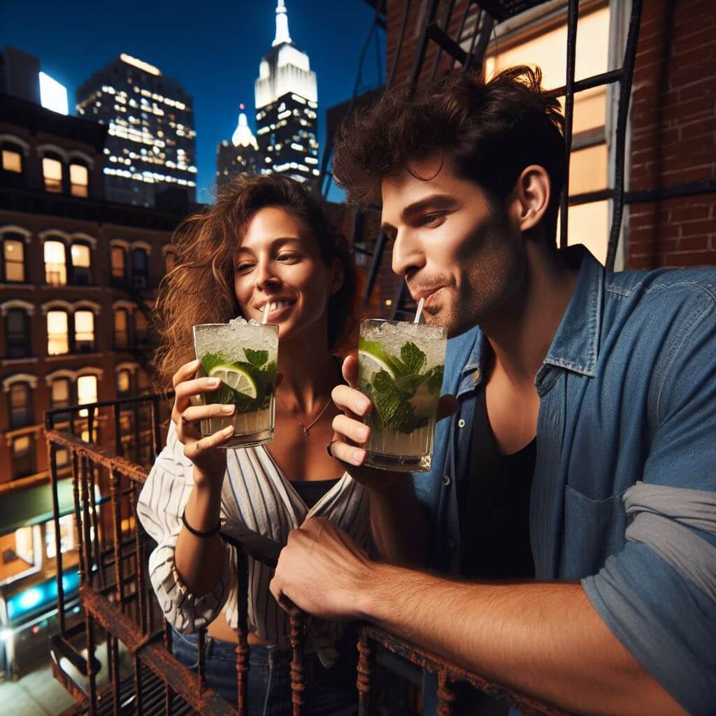 Alex and Maya are drinking cuban mojito mint cocktails on their balcony overlooking the city lights