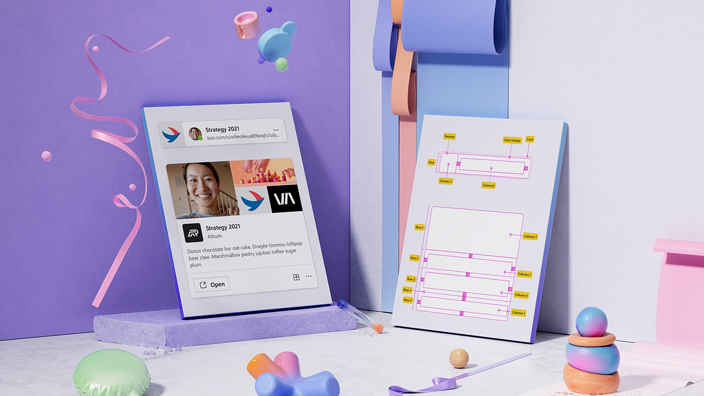 A colorful, 3D rendering of UI layers and metaphorical objects, meant to embody all of the ways in which the new Teams is wholly aligned with Fluent.