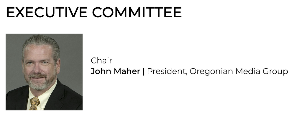 Chair John Maher | President, Oregonian Media Group. Photo shows Maher with suit.