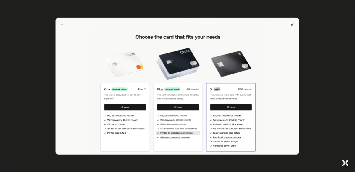 A moving GIF image depicting the process of ordering a payment card directly on the Qonto website. The GIF depicts selecting the type of card you want, and then the steps to personalize it.