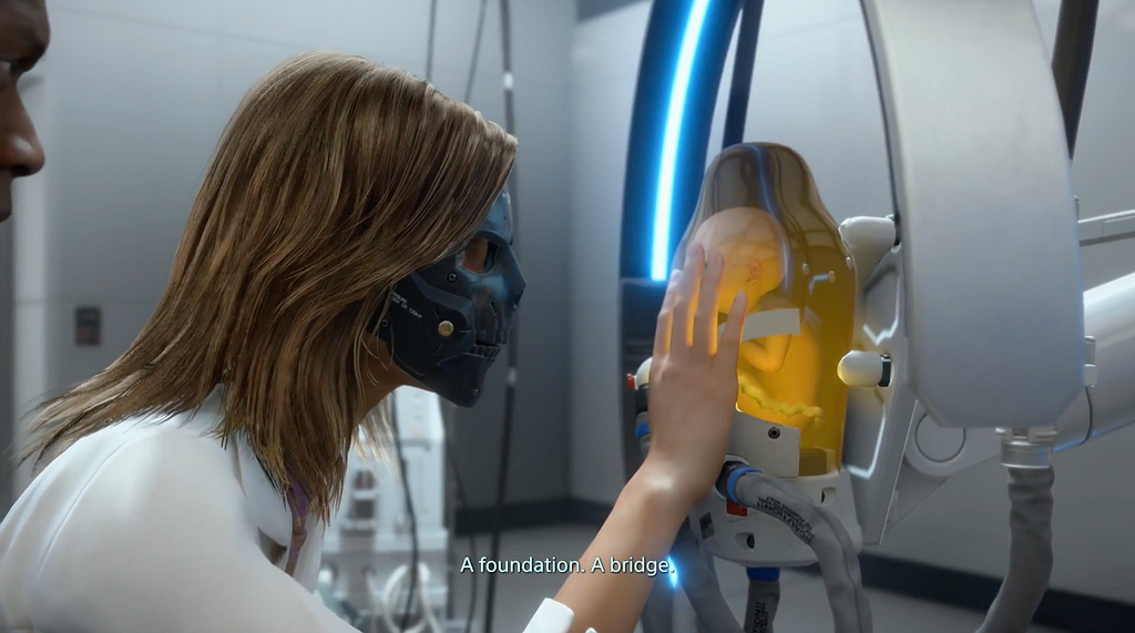 “Amelie” in her “Bridget” persona wearing a literal mask (the one Die-Hardman later wears too). She touches a BB pod and looks at the baby. Subtitle: “A foundation. A bridge.”