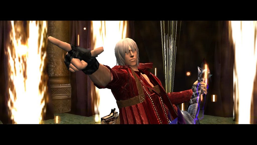 Dante plays electric guitar while pyrotechnics go off