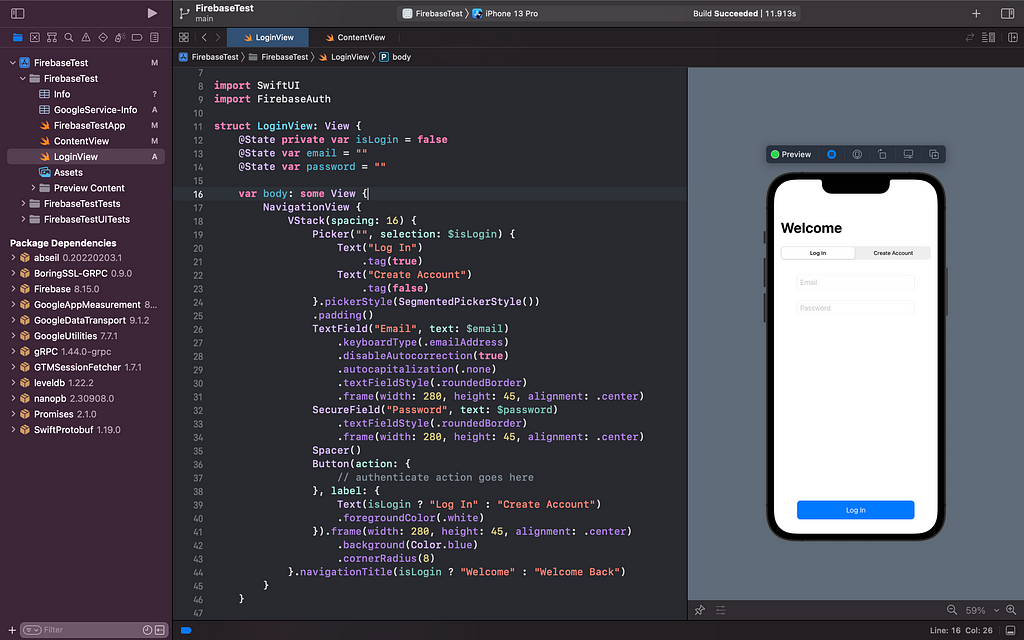 Screenshot from Xcode with our App canvas running presenting a login page.