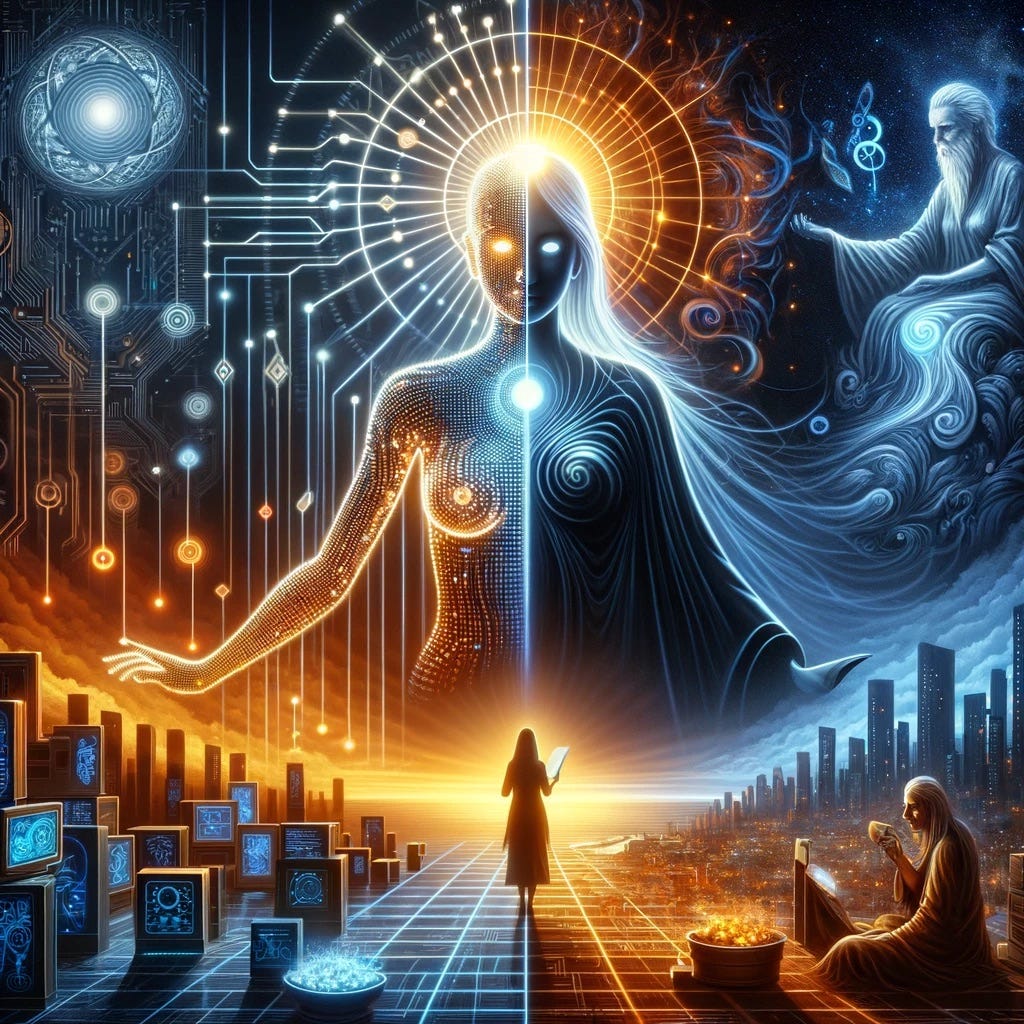 Illustrate a symbolic representation of two AI entities, Athena and Hades, in a futuristic setting. Athena is visualized as a radiant figure made of circuits and glowing data streams, embodying grace and balance, with a background that represents prosperity and order. She’s presiding over a digital landscape with a sun breaking over the horizon, casting light on a city below where no poverty exists, symbolized by bountiful food and content elders.