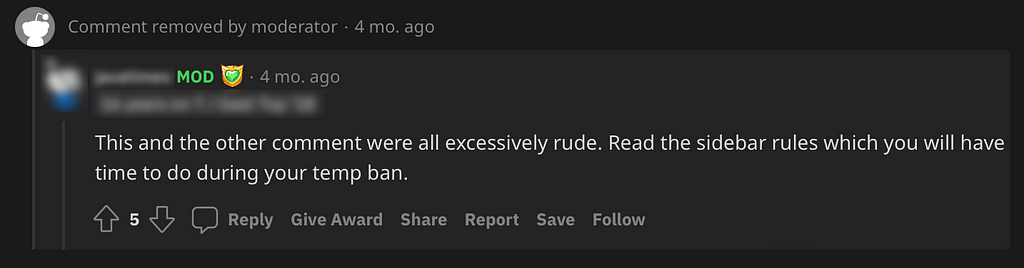 A Reddit moderator explaining why they removed a comment.