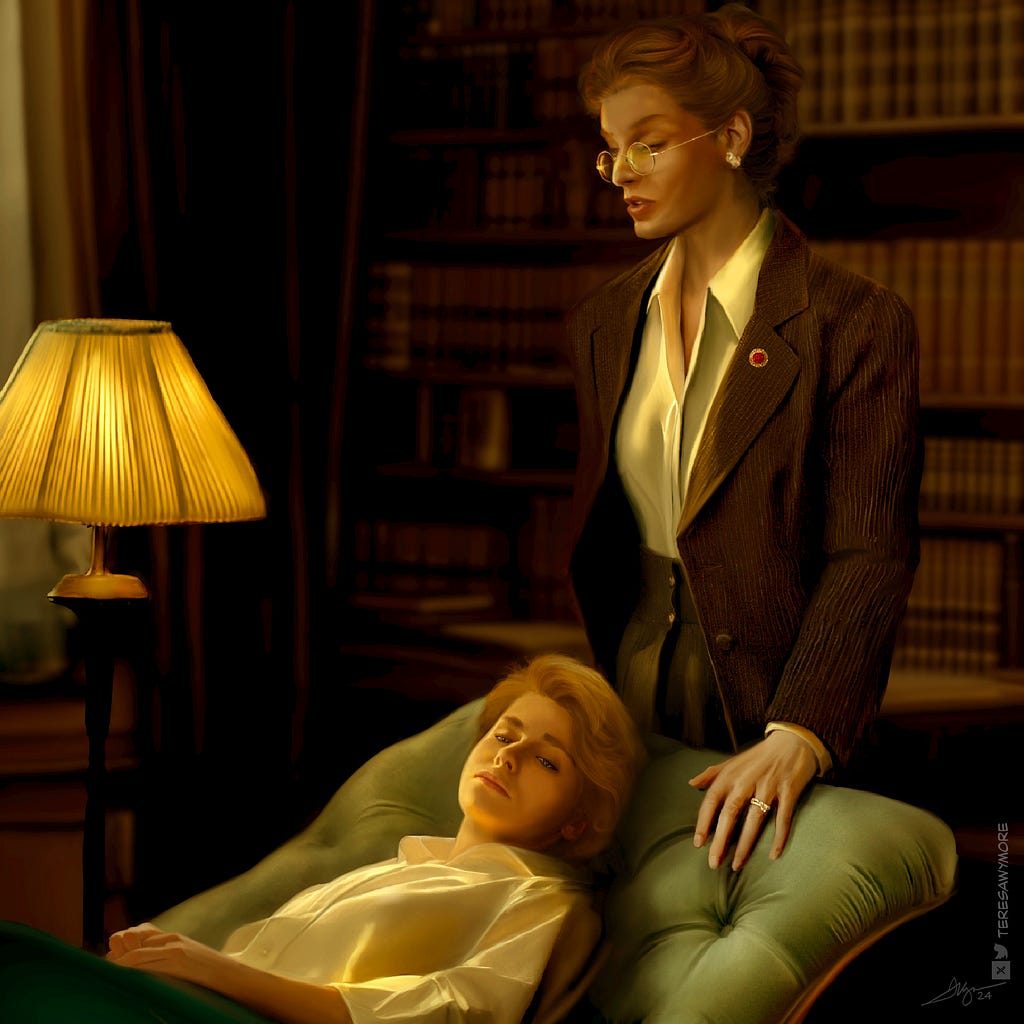 Digital painting of Eleanor and Eddie in a therapty session. Eddie is lying on a sea-green chaise lounge and Eleanor is standing behind her. The background is a nigh scene of Eleanor’s office filled with bookshelves.