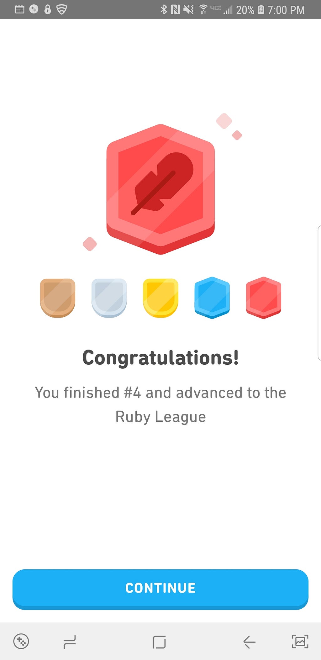 Screenshot of a success message in the app: “Congratulations! You finished #4 and advanced to the Ruby League