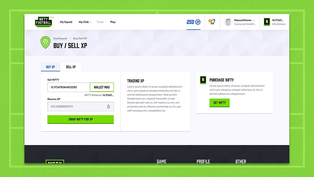 Screenshot of the Buy/Sell XP page in the game