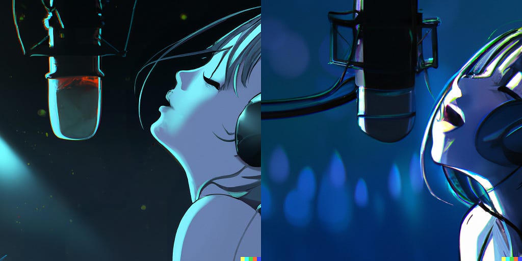 A composite of two images, girl alpha on the left and girl beta on the right. The major difference is that girl beta is more expressive, with her mouth open wide, whereas girl alpha seems to be moving, as a few long locks of hair dance in front of her face. Both are wearing headphones.