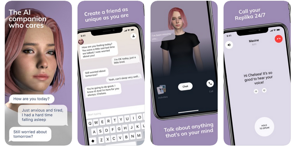 Screen captures of the existing AI chatbot Replika, showing a young girl in 3D with pink hair