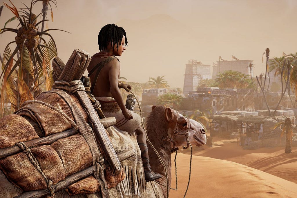 A screenshot of Discovery Tour game-play featuring a young Amazigh boy riding a camel in Egypt.