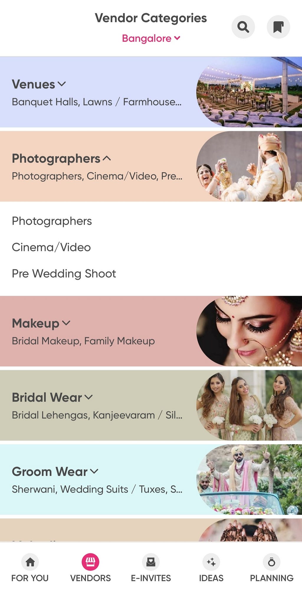 The Vedor page of the app showing the different categories