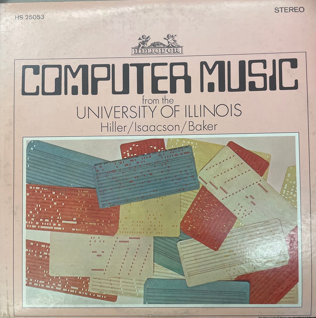 An album cover for “Computer Music from the University of Illinois.” It shows piles of different-colored computer punch cards.