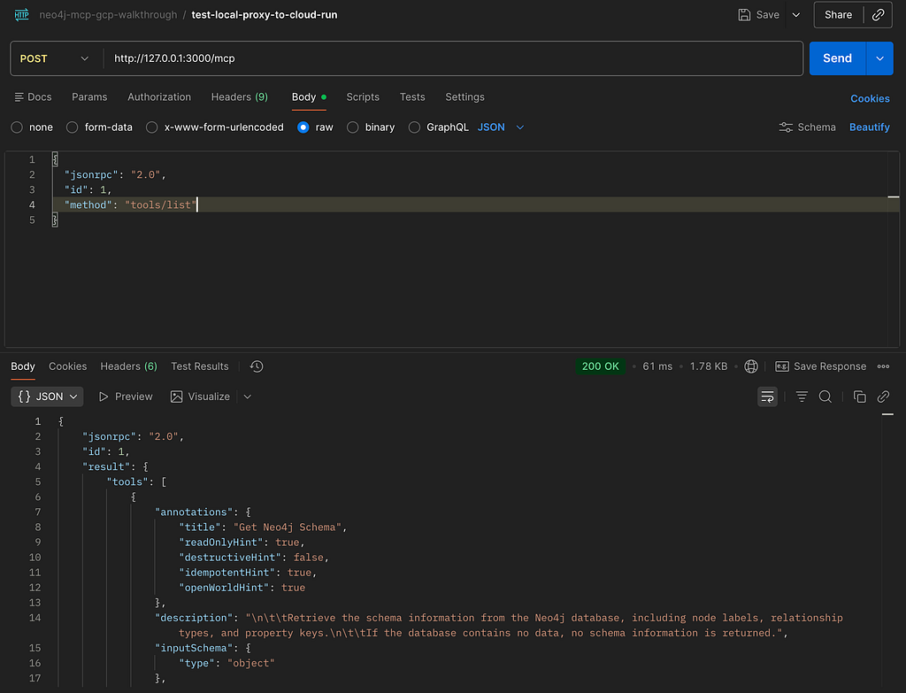 Requesting the MCP server to list tools in Postman