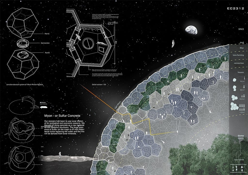 a design concept to live on the moon using tetradecahedra as one of its main building blocks