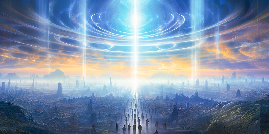 A serene landscape depicting the moment of artificial general intelligence (AGI) transcendence with digital enlightenment rays spreading across the horizon