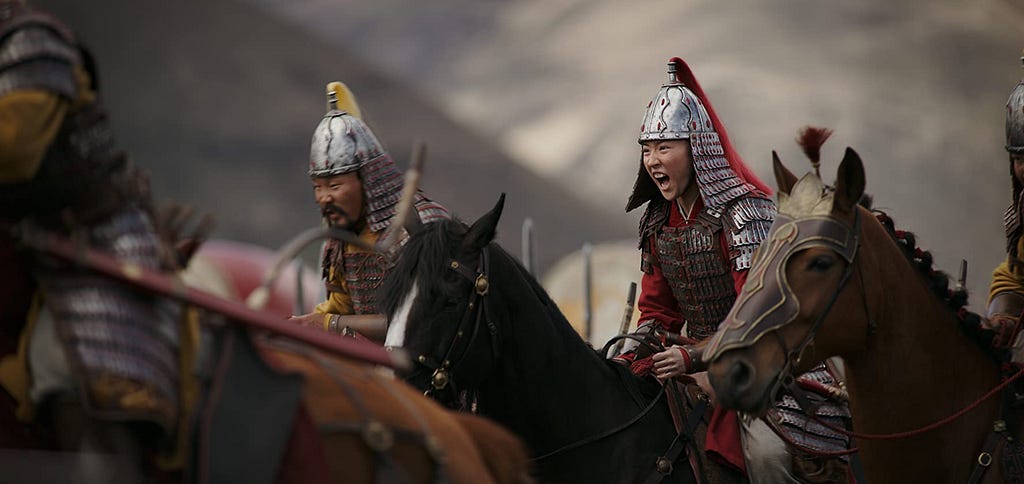 In Disney’s 2020 remake of Mulan, we see our protagonist in an armor and riding her horse, going into battle.