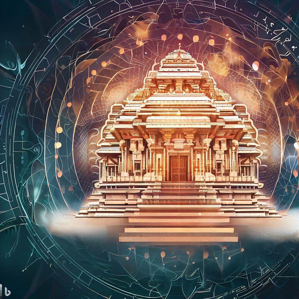 representation of traditional Hindu temple architecture, highlighting the symmetry and sacred geometry. Alongside, an interface showcasing an aesthetically pleasing design that incorporates similar symmetrical patterns and meaningful symbolism, elevating the visual appeal of digital interfaces.