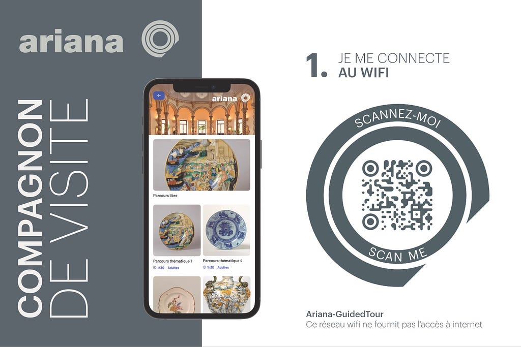 Promotional graphic for Musée Ariana’s companion app. On the left, a smartphone displays the app with options for self-guided and themed tours, showcasing ceramic exhibits. On the right, a large QR code encourages visitors to connect to ‘Ariana-GuidedTour’ WiFi, which doesn’t offer internet access.