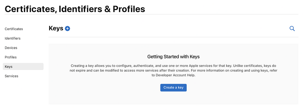 A screenshot of an empty keys section in the apple developer portal