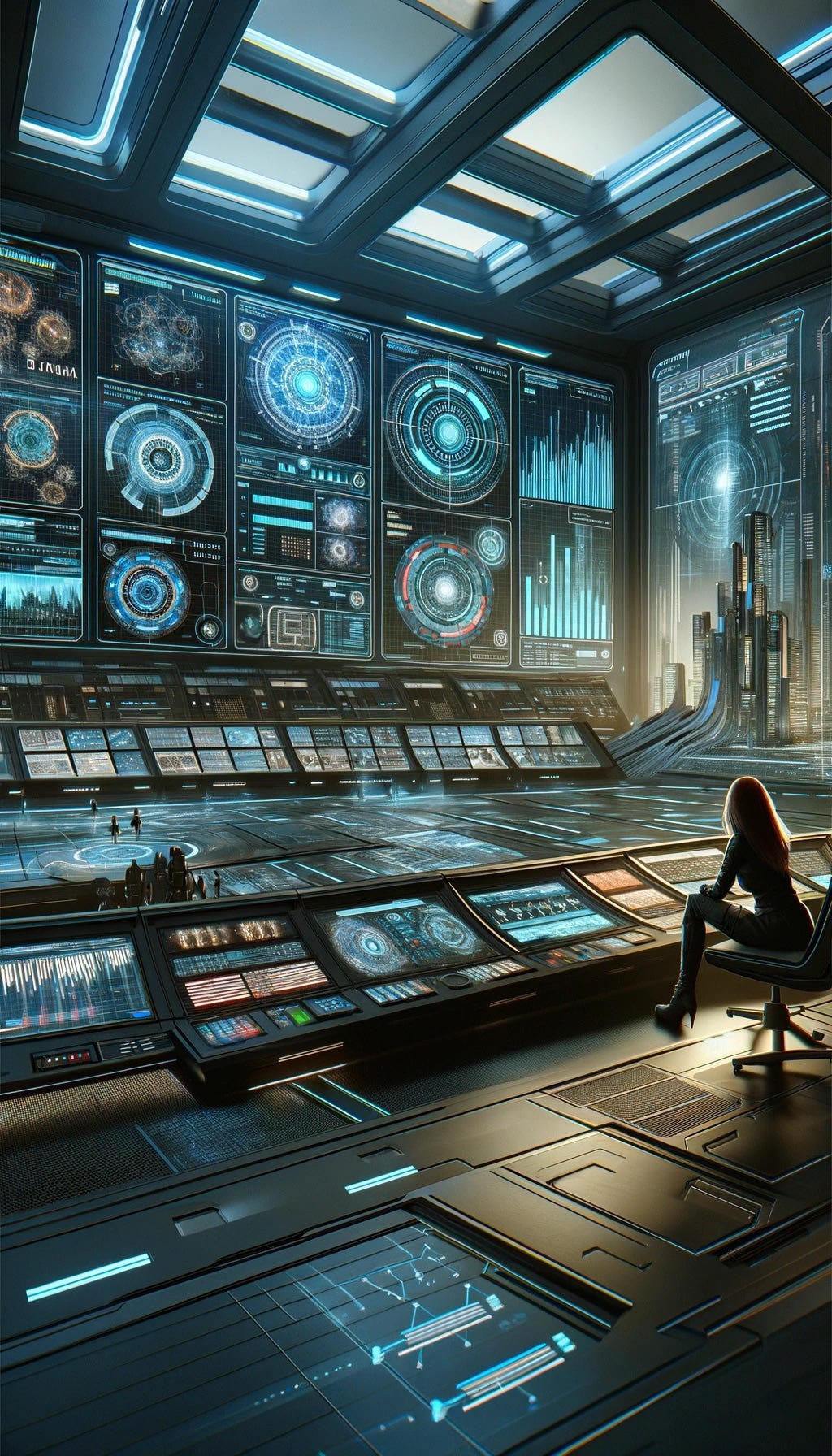 A futuristic city’s control center, with a woman, Valeria, observing various futuristic screens displaying infographics and dynamic models. The interior should reflect a high-tech environment with a sleek design, suggesting advanced AI governance. The screens show complex data visualizations that hint at anomalies and imperfections. Valeria appears contemplative and uneasy, her expression one of concern as she studies the displays. Image 2