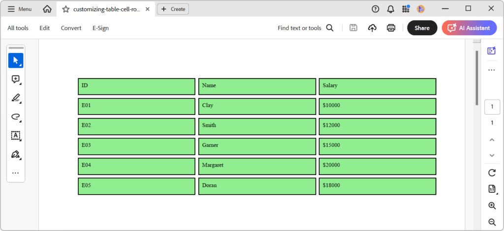 Customizing a table in a PDF using the .NET PDF Library