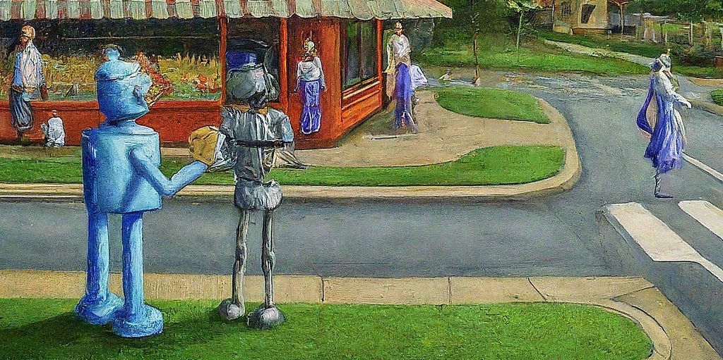 An AI generated image in the style of an Americana painting where two robots are sharing a cookie in the foreground as people go about their business in the background.