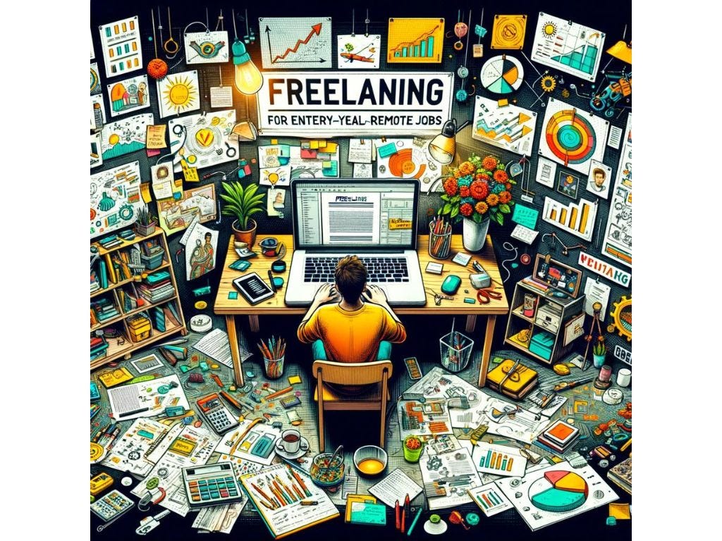 A freelancer works in a vibrant home office, showcasing adaptability across writing, graphic design, and digital marketing, symbolizing the diverse opportunities in remote freelancing.