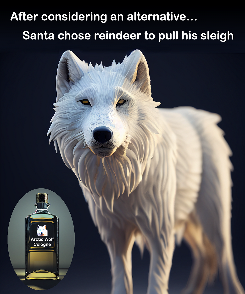 Simulated magazine advertisement with arctic wolf and cologne bottle images. Text reads, “After considering an alternative… Santa chose reindeer to pull his sleigh.” Compiled by author.