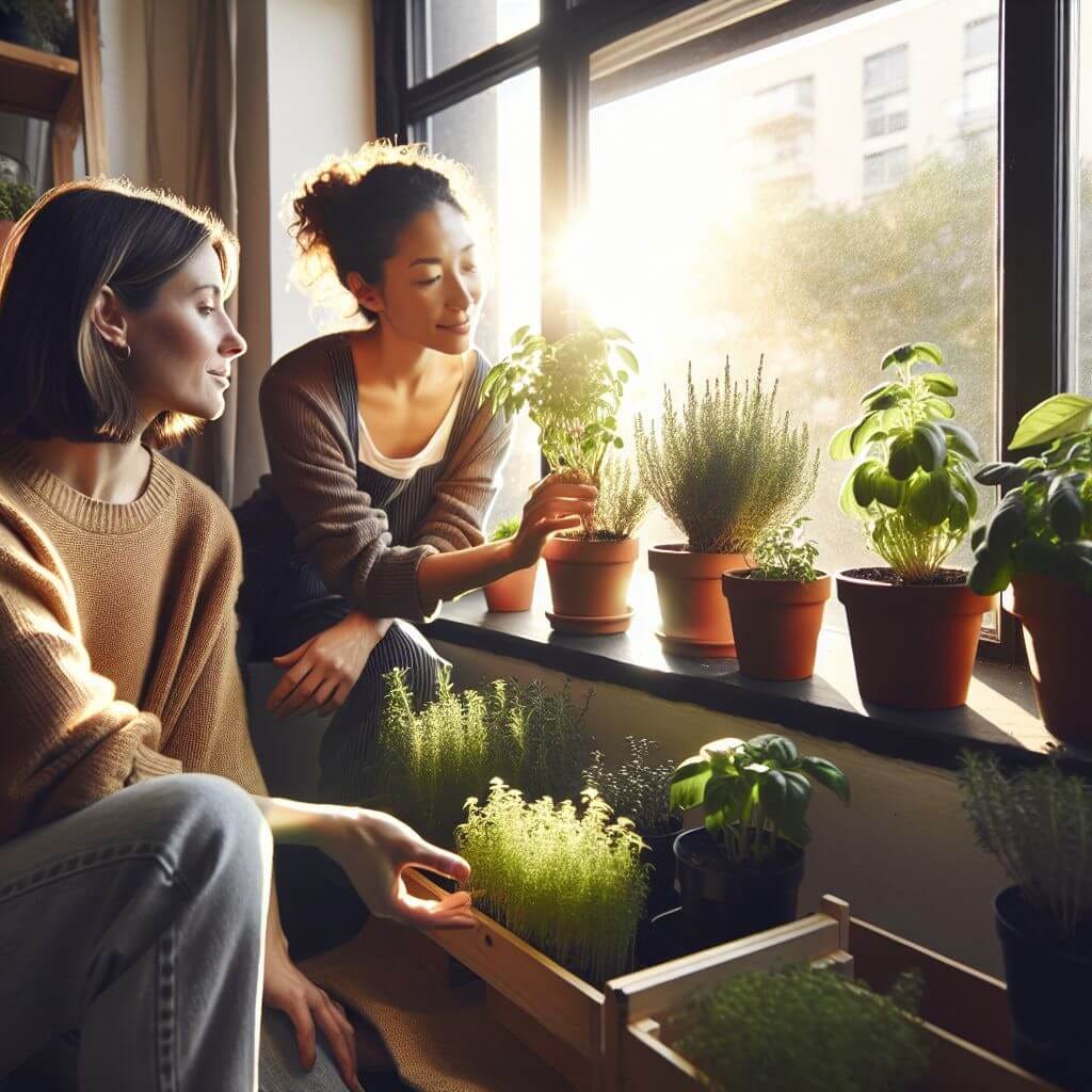 Sarah and Maya admiring Maya’s Chervil plant