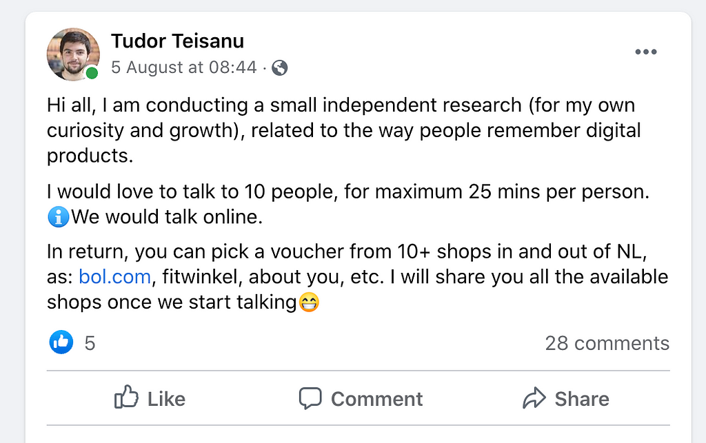 Facebook post with a slightly long message, asking people to participate in a study