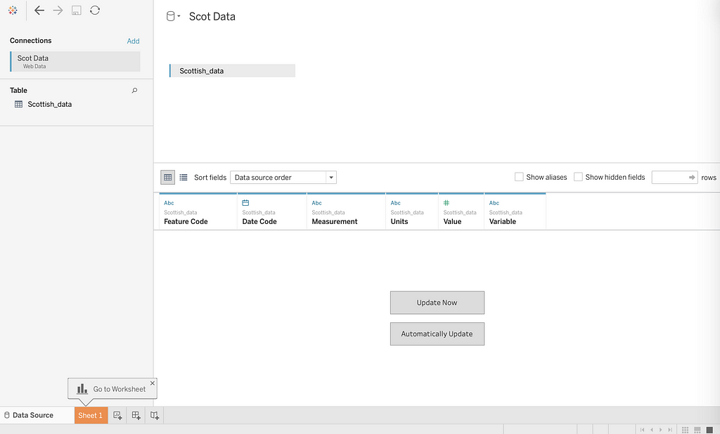 Screenshot of tableau connection information screen