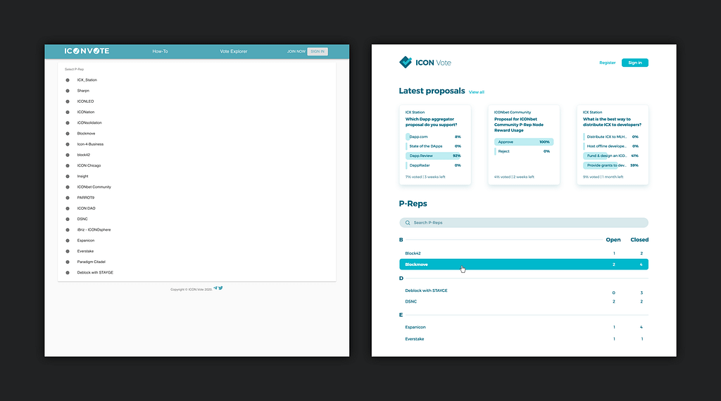 A comparison of the ICON Vote home page, before and after our redesign.