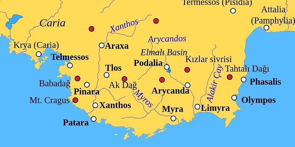 SVG Map of ancient Lycia in Turkey by Emma Pease showing Patara and Myra and other important cities in Ancient Lycia