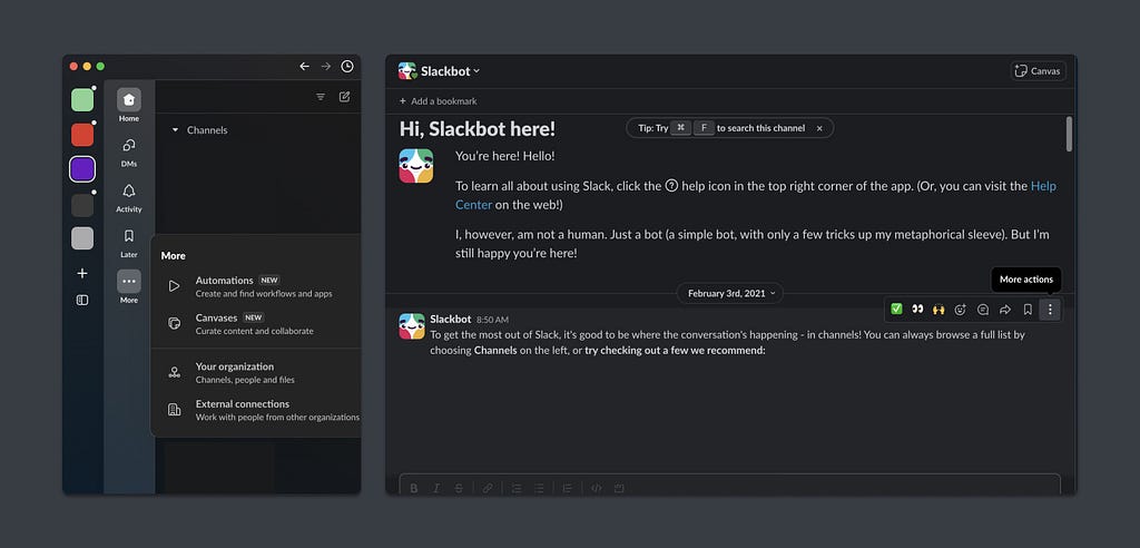 Screenshot of the Slack interface showing usage of both vertical and horizontal ‘more’ ellipses icons