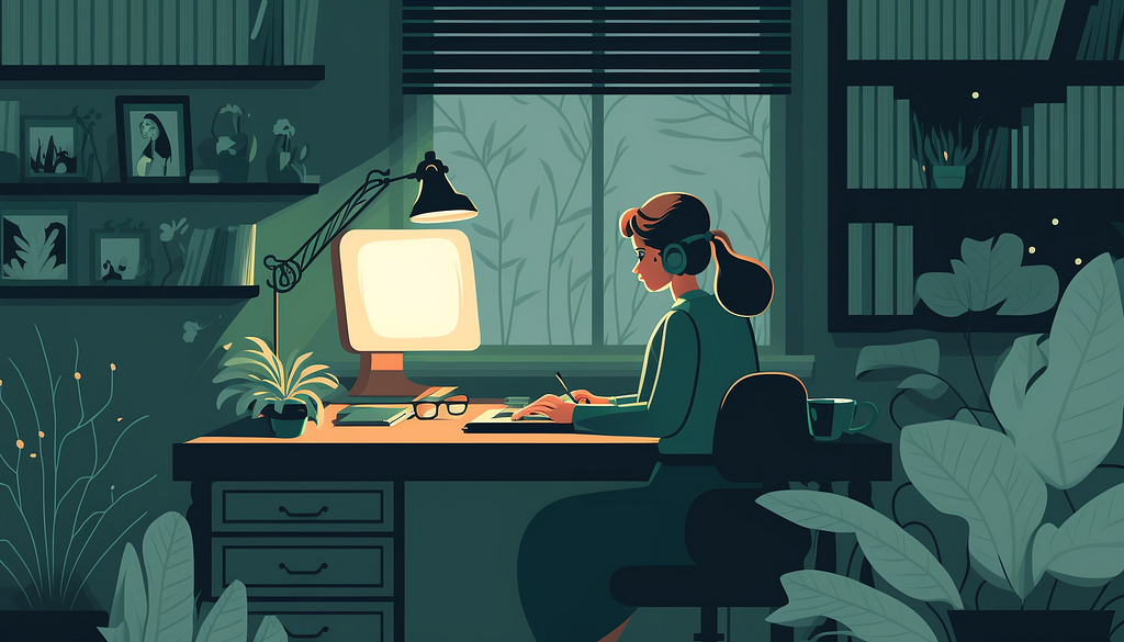 Illustration of a woman working on a computer in a darkened room lit only by a desk lamp.