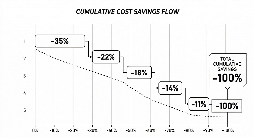 Horizontal stacked bar or waterfall chart showing cumulative savings. Label each bar with the change name and % saved: Change 1 (-35%) → Change 2 (-22%) → Change 3 (-18%) → Change 4 (-14%) → Change 5 (-11%). Final total: -81.2%