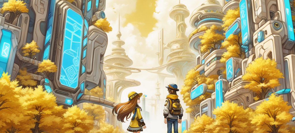 A boy and a girl, looking at each other while facing a futuristic city.