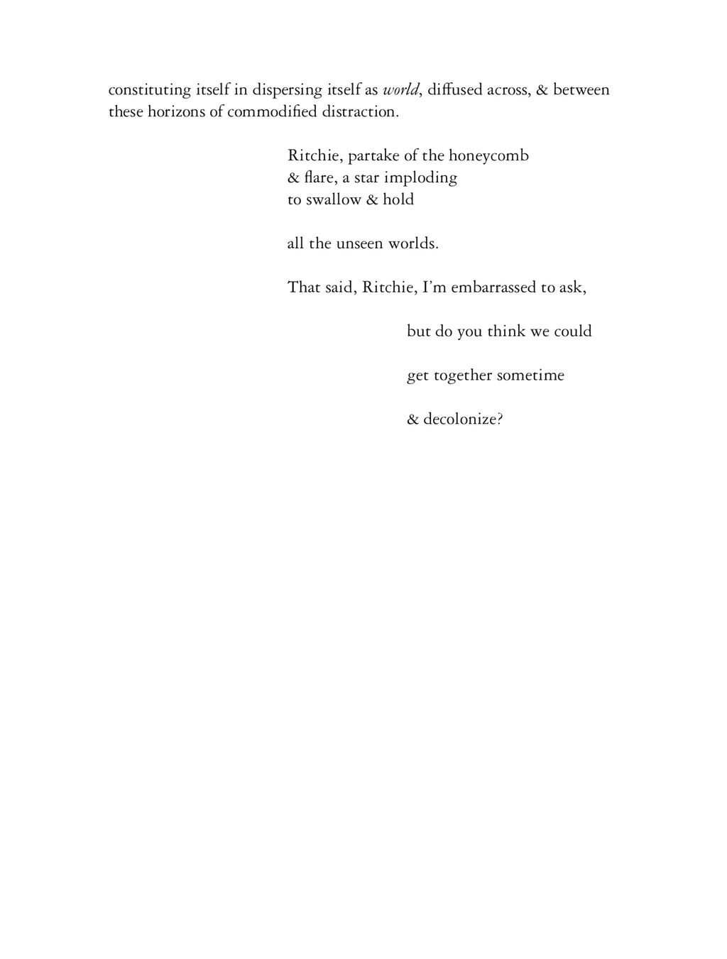 Page 3 out of 3, J. Michael Martinez’ poem Letter XVII. Posted as PDF to preserve unique layout of poem. For accessible text see below images.