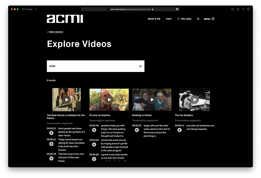 A screenshot of the results page of the ACMI video search, showing results for the query “solar” including segments of the text that include that query from the video transcription.