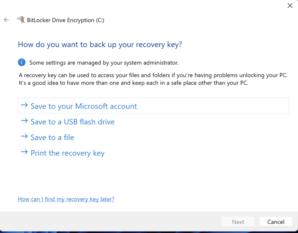 Select a option to backup the recovery key and click on ‘Next’