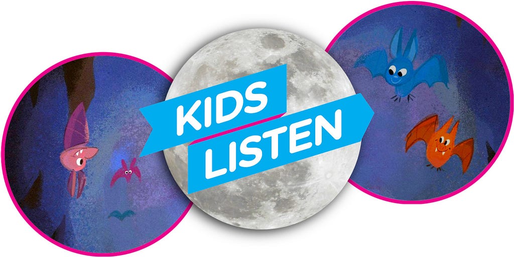 Cartoon images of bats and a moon with the kids Listen logo banner in front of the moon.