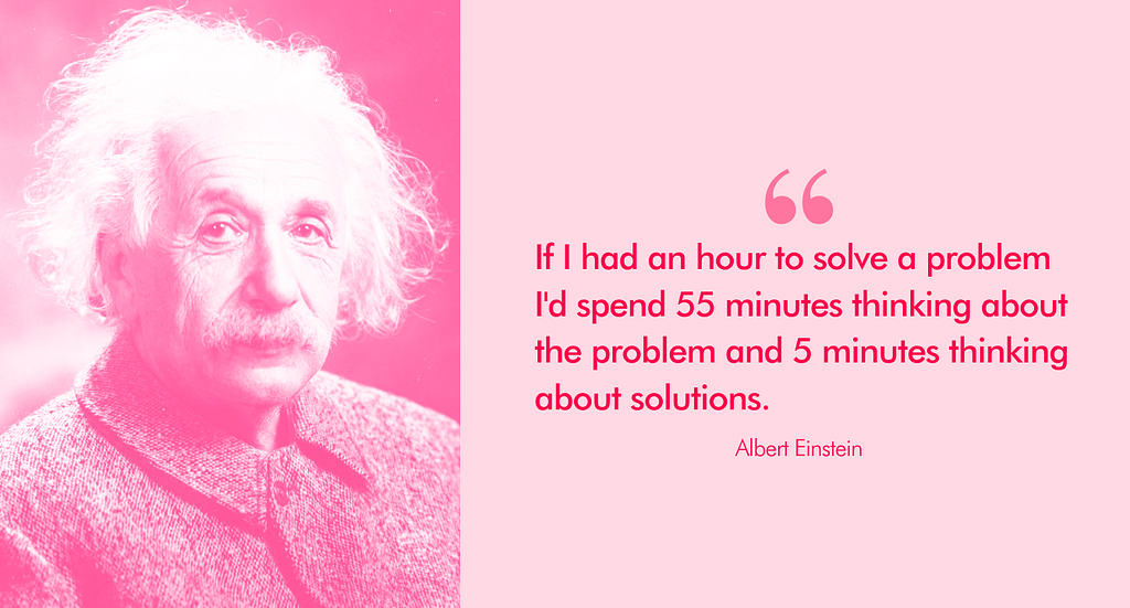 A quote from Albert Einstein that says: If I had an hour to solve a problem, I’d spend 55 minutes thinking about the problem and 5 minutes thinking about solutions. There is a picture of Albert Einstein on the left.