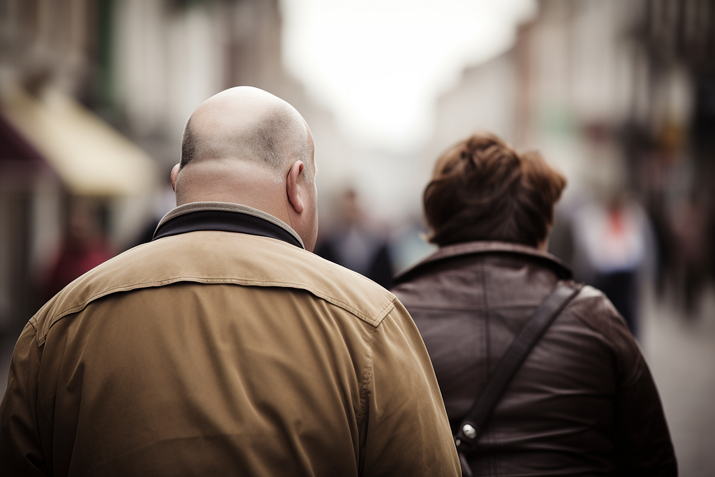 A middle-aged couple walking together on a busy street.