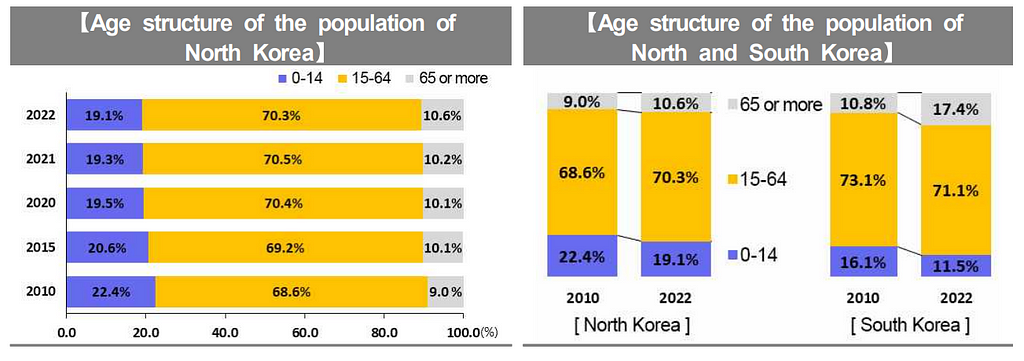 Comparative graphs of age structure in North Korea and South Korea from 2010 to 2022.