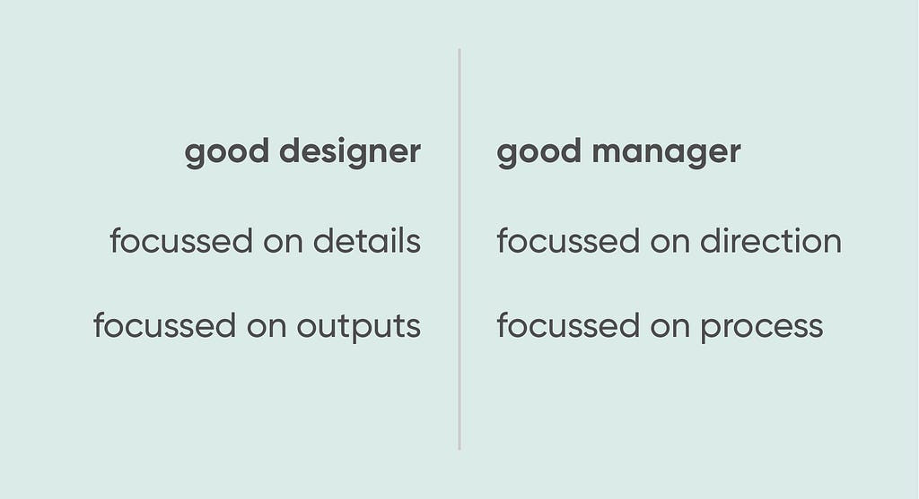 chart showing that good designers focus on detail and output but good managers focus on direction and process