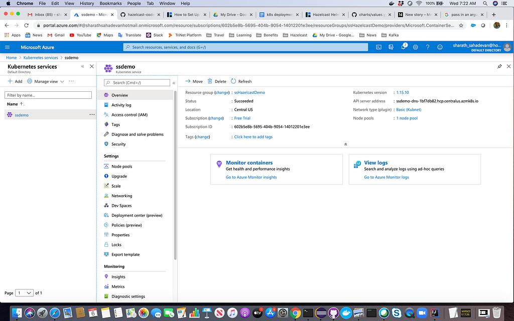 Screenshot of AKS on my Azure portal