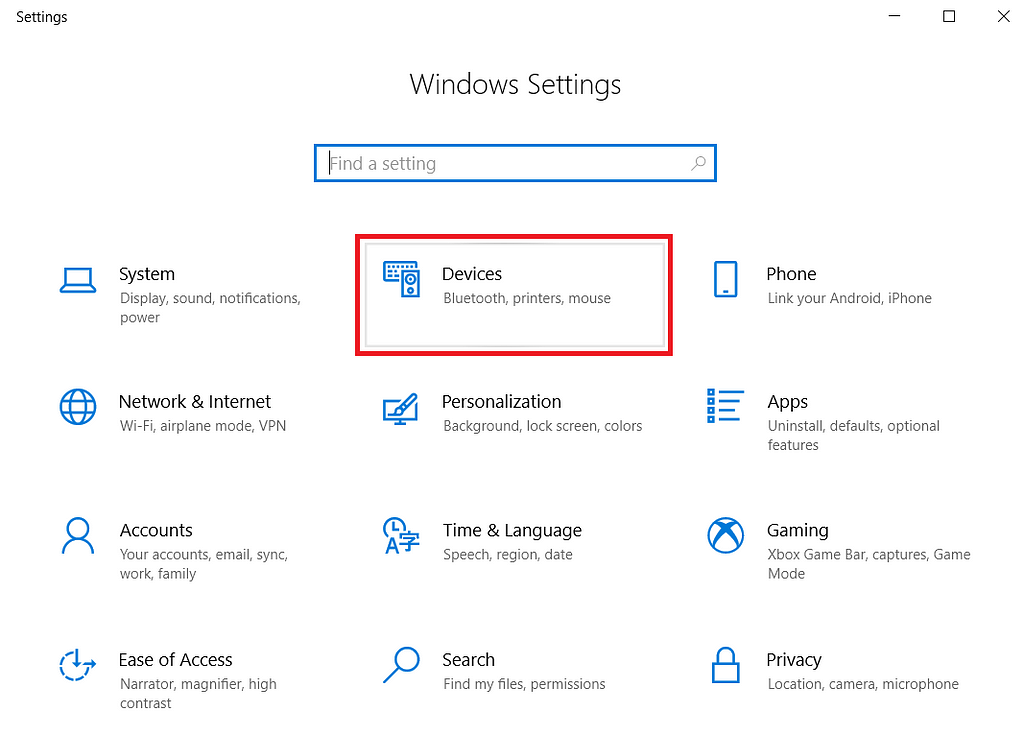 Windows settings menu