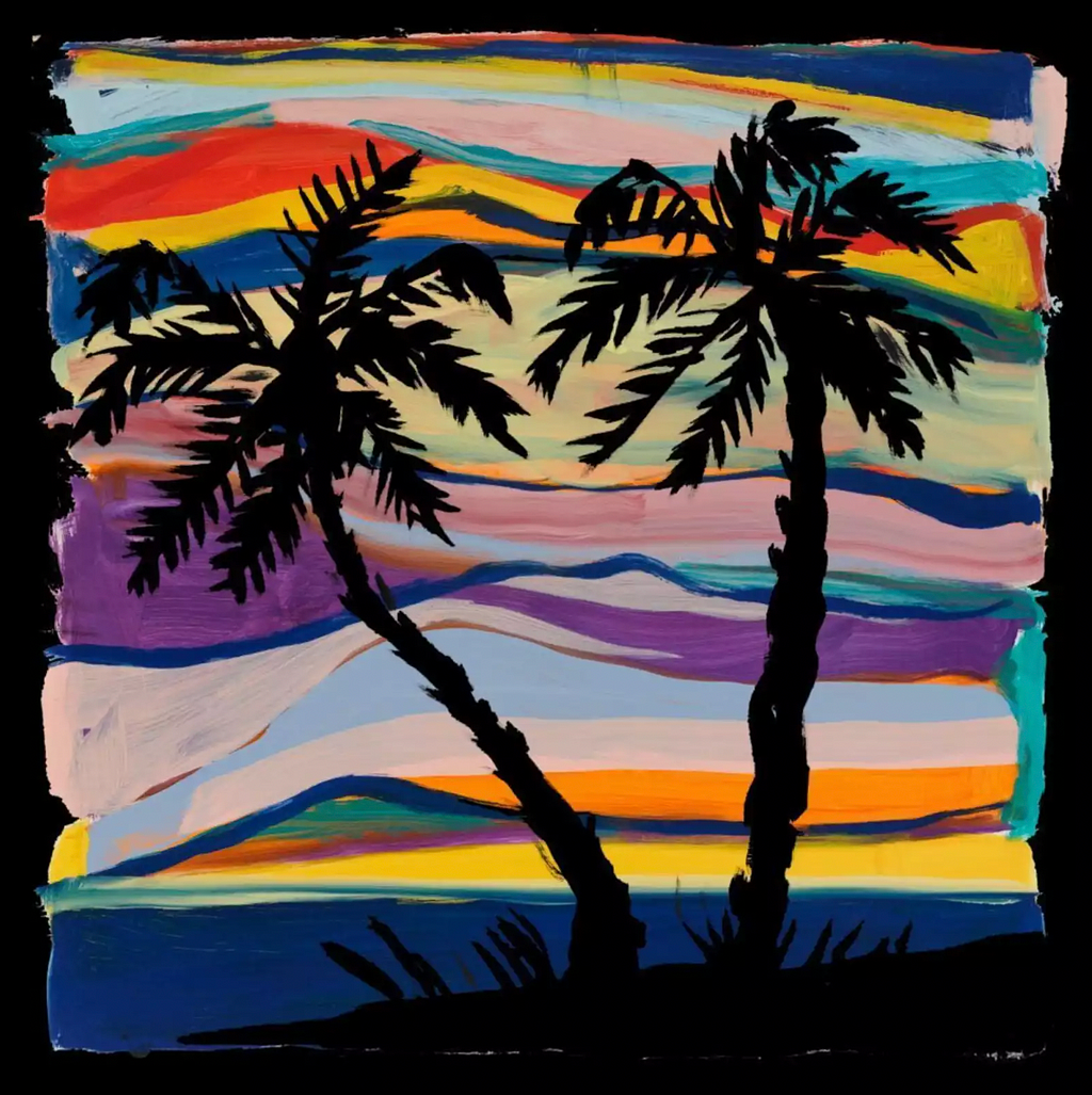 Colorful print of two palm trees in silhouette.